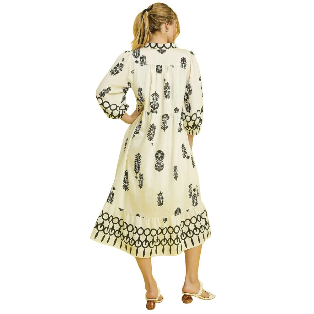 NWT Cora Black and Cream Boho Print Midi Dress with Puff Sleeves Large - Picture 4 of 9
